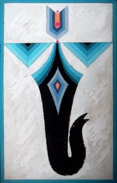 an abstract painting with blue and black colors on white paper, depicting a cat's tail