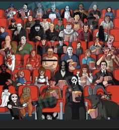 a crowd of people sitting in an auditorium with masks on their faces and eating popcorn