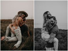 three different pictures of people in the grass and one is holding a woman on her back