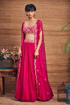 Shop for Aneesh Agarwaal Pink Organza Cape And Skirt Set for Women Online at Aza Fashions Organza Embroidery Lehenga, Cape Skirt Dress, Crop Top Work Designs, Cape Style Dresses Indian, Lehenga Cape Style, Cape Set Indian, Gown With Cape Indian, Cape Lehenga Indian Weddings, Pink Cape Outfit