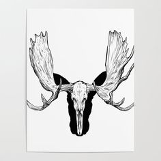 a black and white drawing of an animal's skull with large antlers on it