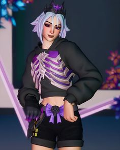 an animated image of a woman with purple hair and black clothes, wearing cat ears