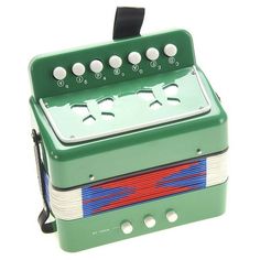 an old fashioned green and red music box with four knobs on the front side