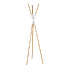 two wooden sticks are standing next to each other on a white background, with one stick sticking out from the floor