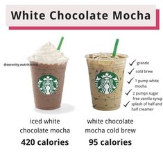 two starbucks drinks with different toppings and the words white chocolate mocha on them