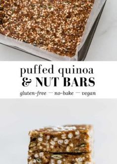 three different bars stacked on top of each other with the words puffed quinoa and nut bars