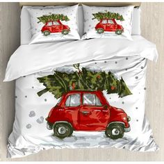 a red car with a christmas tree on the roof is shown in this bedding set