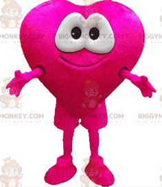 a pink heart mascot with big eyes and hands out to the side, in front of a white background