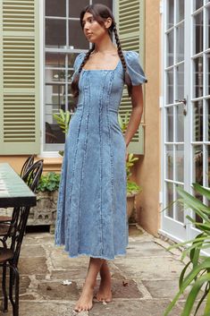 Northern Sky Fringe Puff Sleeve Midi Dress Denim Blue by Selfie Leslie God Energy, Pink Dress Shoes, Puff Sleeve Midi Dress, Brunch Dress, Denim Midi Dress, Dress Denim, Iron Material, Date Night Dresses, Mini Dress Casual