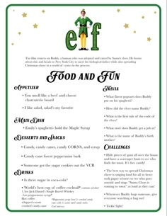 the flyer for food and fun, which features an elf's costume on it