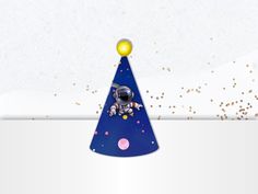 an astronaut floating in the air on top of a party hat with confetti around it