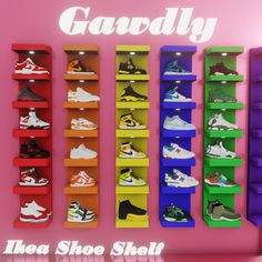 there are many colorful shelves with shoes on them and the words, gawdly