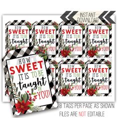 christmas printables for hot choc's and happy holidays are displayed on black and white checkered paper