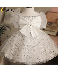 Get 10% off now! Buy lovely big bow polka dot girls party dress with sleeves at cheap price online. Free stable shipping and pro custom service since 2009. Fitted Summer Princess Dress With Bow, Fitted Princess Dress With Bow For Summer, Elegant White Dress With Bow Print, Short Sleeve Princess Dress With Bow For Party, White Short Sleeve Princess Dress For Party, Party Dress With Bow Print And Short Sleeves, Cute White Dresses With Bow Print, Short Sleeve Party Dress With Bow, Short Sleeve Party Dress With Bow Print