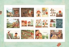 an image of children's book pages with pictures of people in the garden and farm