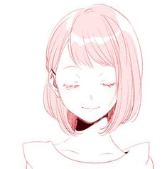 a drawing of a girl with pink hair and bangs, looking down at her face