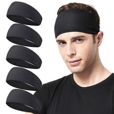 a man with five black headbands in front of him