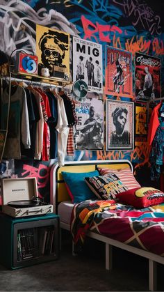 a bed room with a neatly made bed and graffiti on the walls