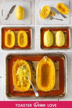 four pictures show how to cut the squash into halves and then place them in baking tins