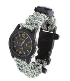 a watch that is on top of a rope with a black case and yellow face