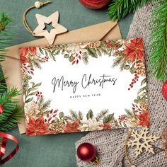 a christmas card with the words merry christmas next to ornaments and other holiday decorations on a green background