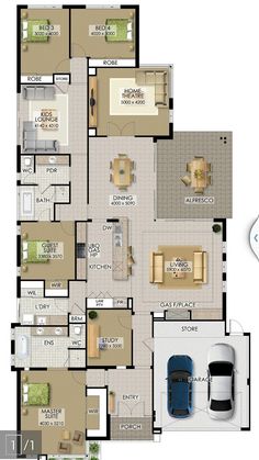 the floor plan for a two story house with three car garages and an attached living area