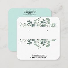 the front and back of a business card with an image of flowers on it in green