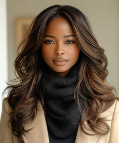 Black Skin Hairstyle, Warm Tone Black Hair, Brown Hair Color On Black Women, Chestnut Brown Highlights On Black Hair, Black Women Hairstyles 2024, Autumn Color Palette Hair, Cinnamon Highlights On Brown Hair, Toffee Brown Hair Color, Warm Tone Brown Hair