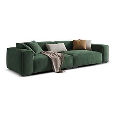 a green couch with pillows on it and a blanket draped over the armrests