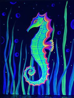 a painting of a seahorse in the ocean with blue and green algaes around it