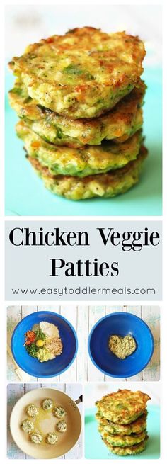 chicken veggie patties with broccoli and cheese on top, served in blue plates