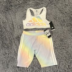 Nwt Adidas Girls Sports Bra And Biker Shorts. Size Xl. White Sports Biker Shorts, Sporty White Biker Shorts For Sports, White Fitted Sporty Biker Shorts, Stretch Cotton White Biker Shorts, Stretch White Cotton Biker Shorts, White Stretch Cotton Biker Shorts, Casual White Activewear For Play, Casual White Biker Shorts For Workout, Adidas White Gym Shorts