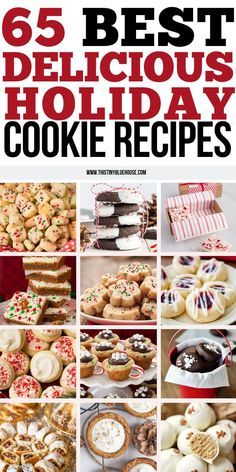 the cover of 65 best delicious holiday cookie recipes, with images of cookies and pies