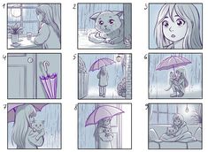 the storyboard shows how to use an umbrella in the rain, and what it looks like