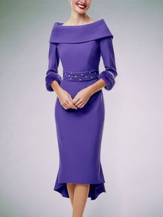 Knee-length Evening Dresses For Winter, Fitted Purple Midi Dress For Evening, Dressy Evening Dresses For Winter, Elegant Purple Midi Dress For Party, Purple Formal Dress For Fall, Elegant Evening Dresses For Events, Winter Evening Fitted Midi Dress, Fitted Midi-length Evening Dress For Mother Of The Bride, Fitted Midi Dress For Winter Party