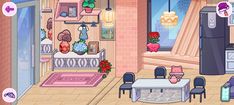 the interior of a living room with furniture and decorations on the walls, in an animated style