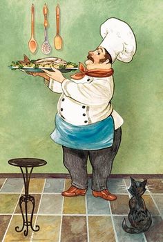 a painting of a chef holding a tray with food on it and a cat sitting next to him