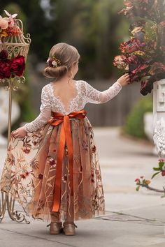 Long Sleeve Lace Tulle Flower Girl Dress for Fall Weddings - Burnt Orange - The Little Kitten Boutique Fall Flower Girl, Fall Flower Girl Dresses, Memories Ideas, Wedding Orange, Long Flower Girl Dresses, Tulle Flower Girl Dress, 2025 Wedding, Dress For Fall, Ethereal Wedding