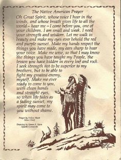 the native american prayer with an image of a man standing on top of a hill