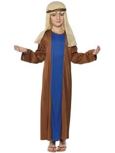 a young boy dressed in a biblical costume with his hands out to the side while wearing a brown robe and blue dress