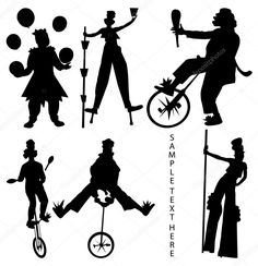 the silhouettes of various people in different poses and positions, including one man riding a bicycle