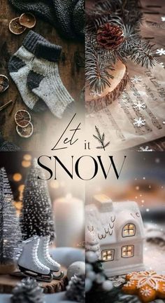 an image of christmas decorations and candles with the words let it snow written on them