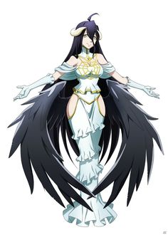 an anime character dressed in white and black with large wings on her back, standing