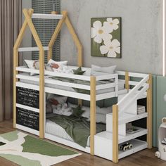 a child's bunk bed with stairs and storage underneath it in a bedroom setting