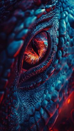 the eye of a dragon is shown in this close up photo with red and blue lighting