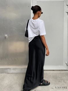 Lasaky - Black Satin Midi Skirt with Draped Fish Tail Hem - Long Skirt Rok Outfit, Y2k Skirt, Satin Maxi Skirt, Satin Noir, Column Skirt, Maxi Rok, Buy Skirts, Fishtail Skirt, Trumpet Skirt