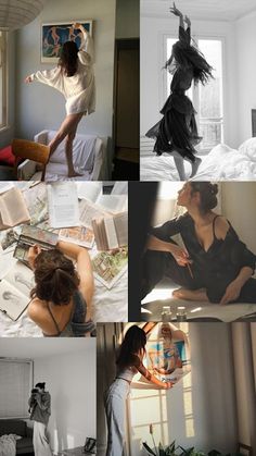 several pictures of women doing different things in the same room, including books and magazines