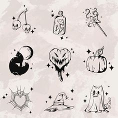 halloween stickers on a white background with stars and pumpkins in the shape of hearts