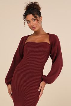 The Lulus Autumn Aura Burgundy Ribbed Two-Piece Sweater Dress is making us want to throw on our favorite booties and grab a pumpkin-spiced latte! This super cute sweater set is composed of stretchy ribbed knit that starts with a shrug-style cardigan with an open-front design and long balloon sleeves (with fitted cuffs) and an ultra-cropped hem. The matching bodycon dress boasts a sweetheart neckline and a strapless bodice that tops a figure-flaunting silhouette that finishes at a midi hem with a kick pleat at the back. Fit: This garment fits true to size. Length: Mid-calf length. Size medium Bust: Great for any cup size. Waist: Fitted - stretchy fabric allows custom fit. Hip: Fitted - stretchy fabric allows room for hips. Undergarments: May be worn with a strapless bra, adhesive bra, petal Autumn Aura, Shrug Style, Burgundy Sweater Dress, Green Event, Fall Wedding Guest, Dress Sweater, Adhesive Bra, Cute Sweater, Kick Pleat