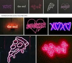 various neon signs are shown in different colors and sizes, including the word suckerr